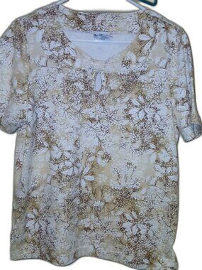 BonWorth Tan Floral Blouse Keyhole Neck Short Sleeve Size S